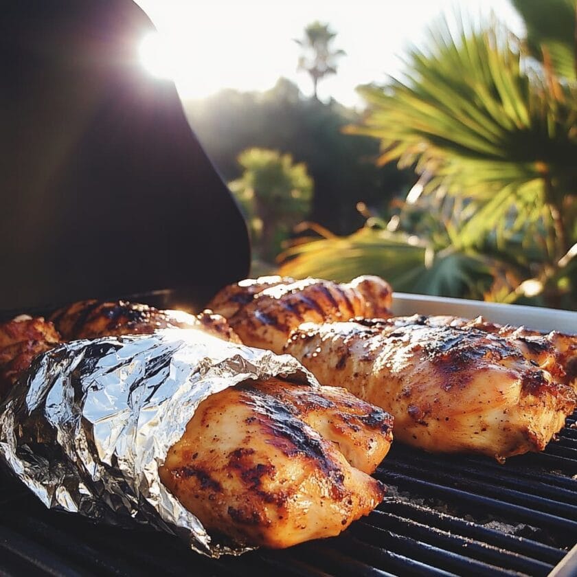 Chicken wrapped in foil and unwrapped on a barbecue grill.