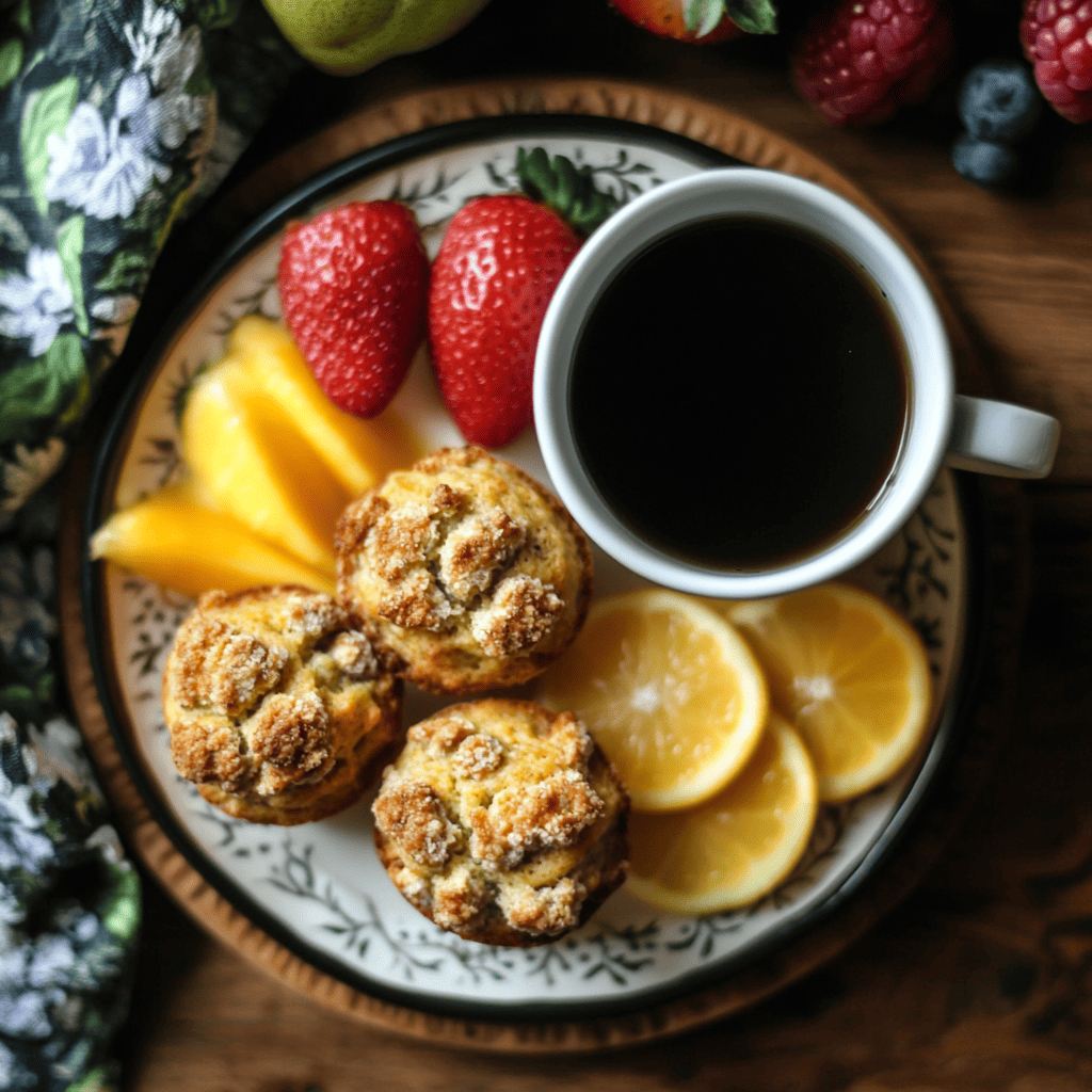 Sausage breakfast muffins served with fresh fruit and coffee.