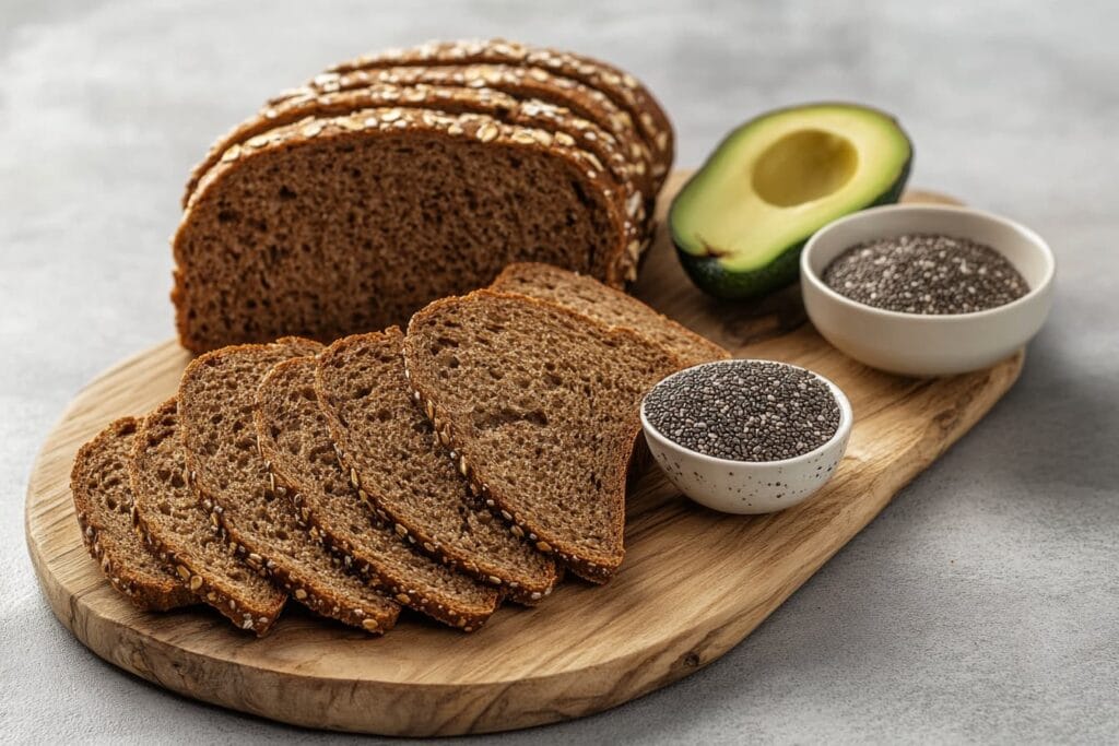 Sliced avocado and whole-grain bread on a kitchen counter.