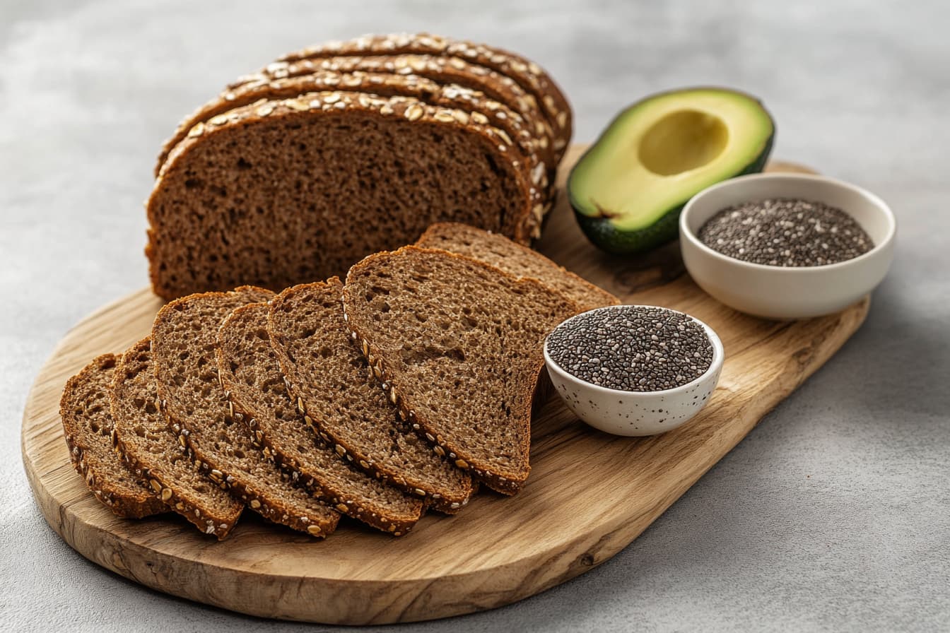 Sliced avocado and whole-grain bread on a kitchen counter.