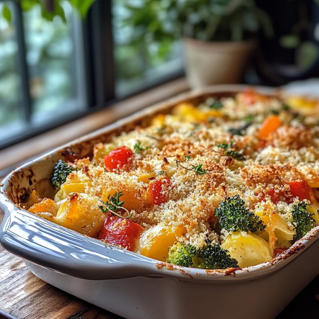 A classic casserole dish with layers of vegetables, cheese, and a crispy topping.