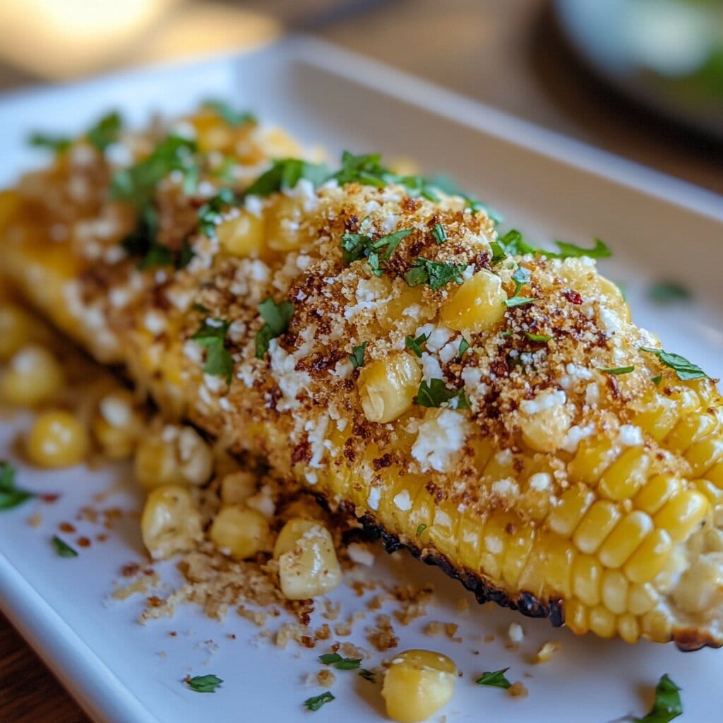 A gourmet plate of elote with creative toppings like truffle oil and fresh herbs.