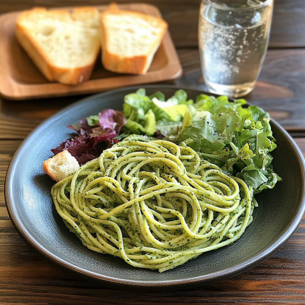 A plated green spaghetti dish served with sides and a refreshing drink.