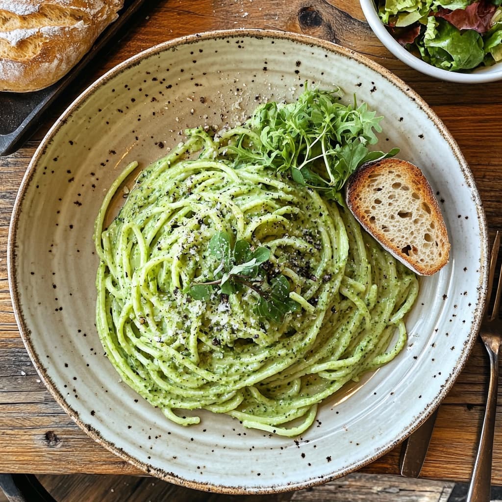 Green spaghetti on a plate with green sauce and fresh herbs.