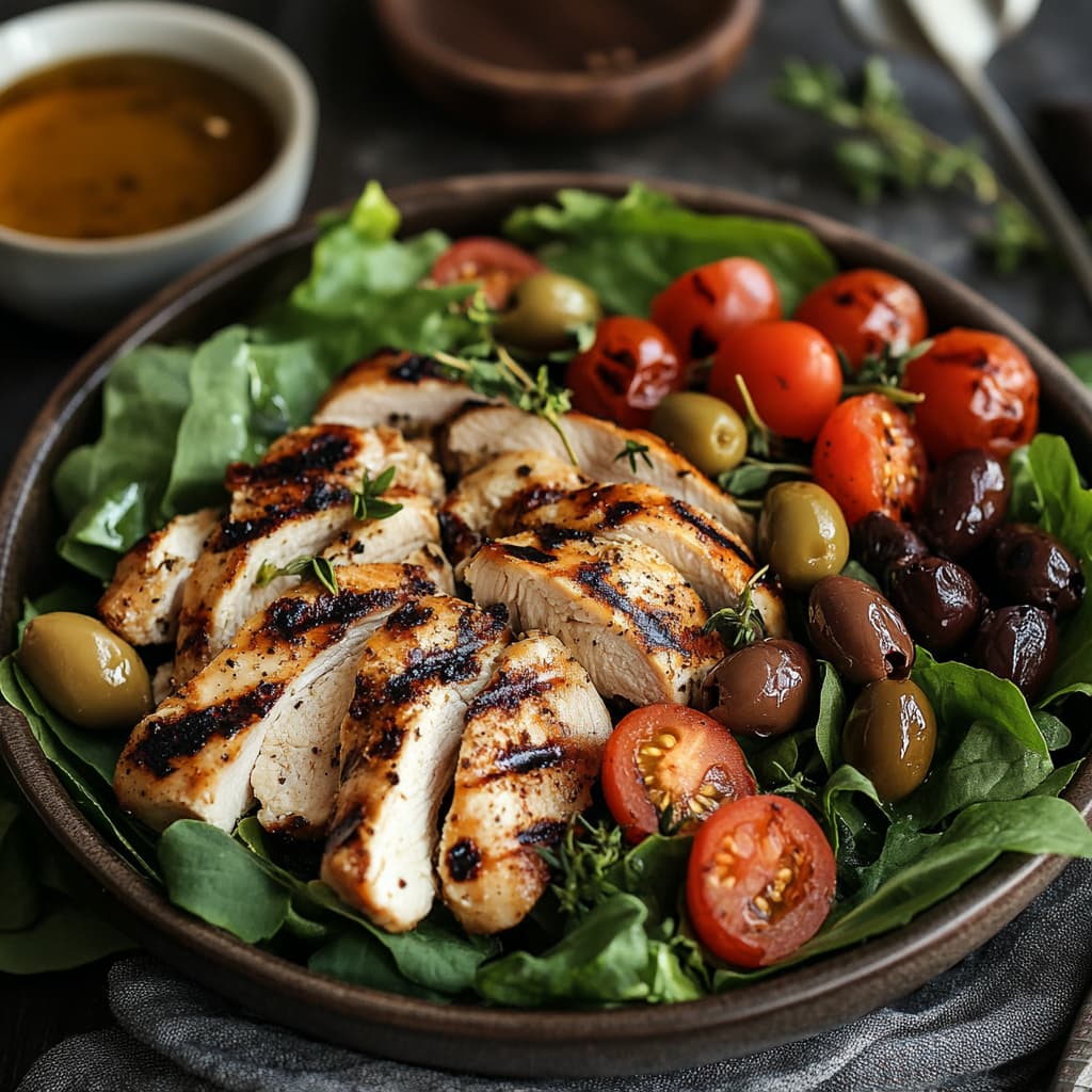 Grilled chicken salad with vegetables and dressing.