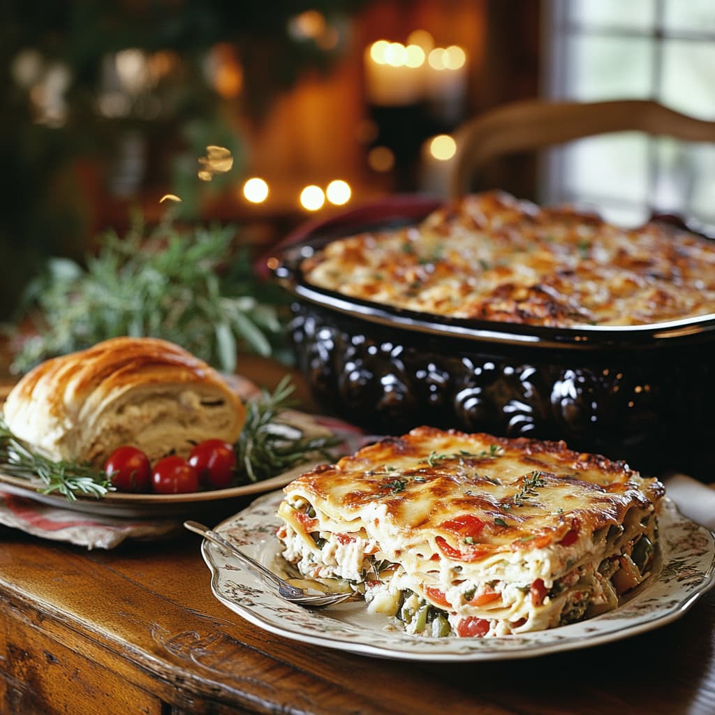 A casserole and lasagna displayed on a cozy dinner table.