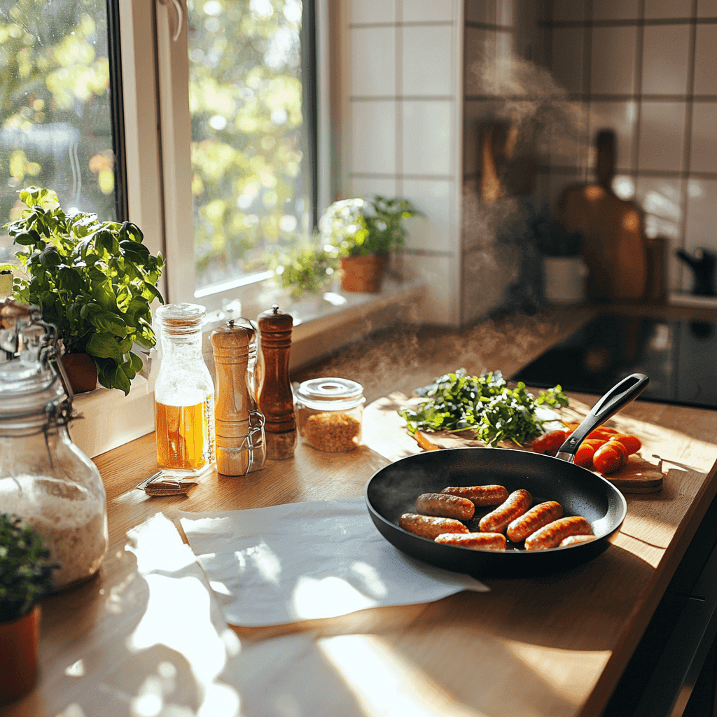 A clean kitchen setup with utensils ready for breakfast preparation.