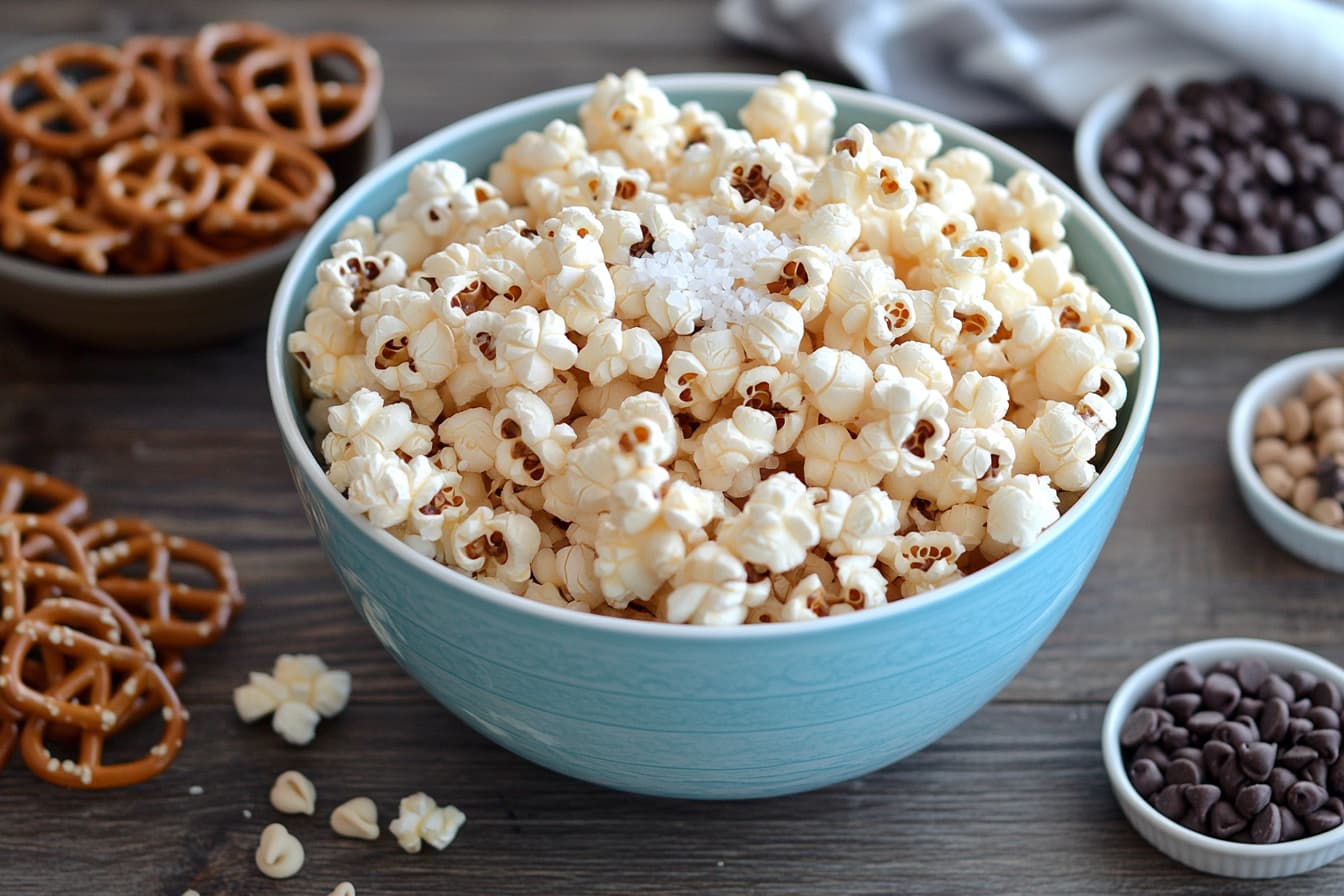 Caramel popcorn with sea salt and sweet and salty ingredients.