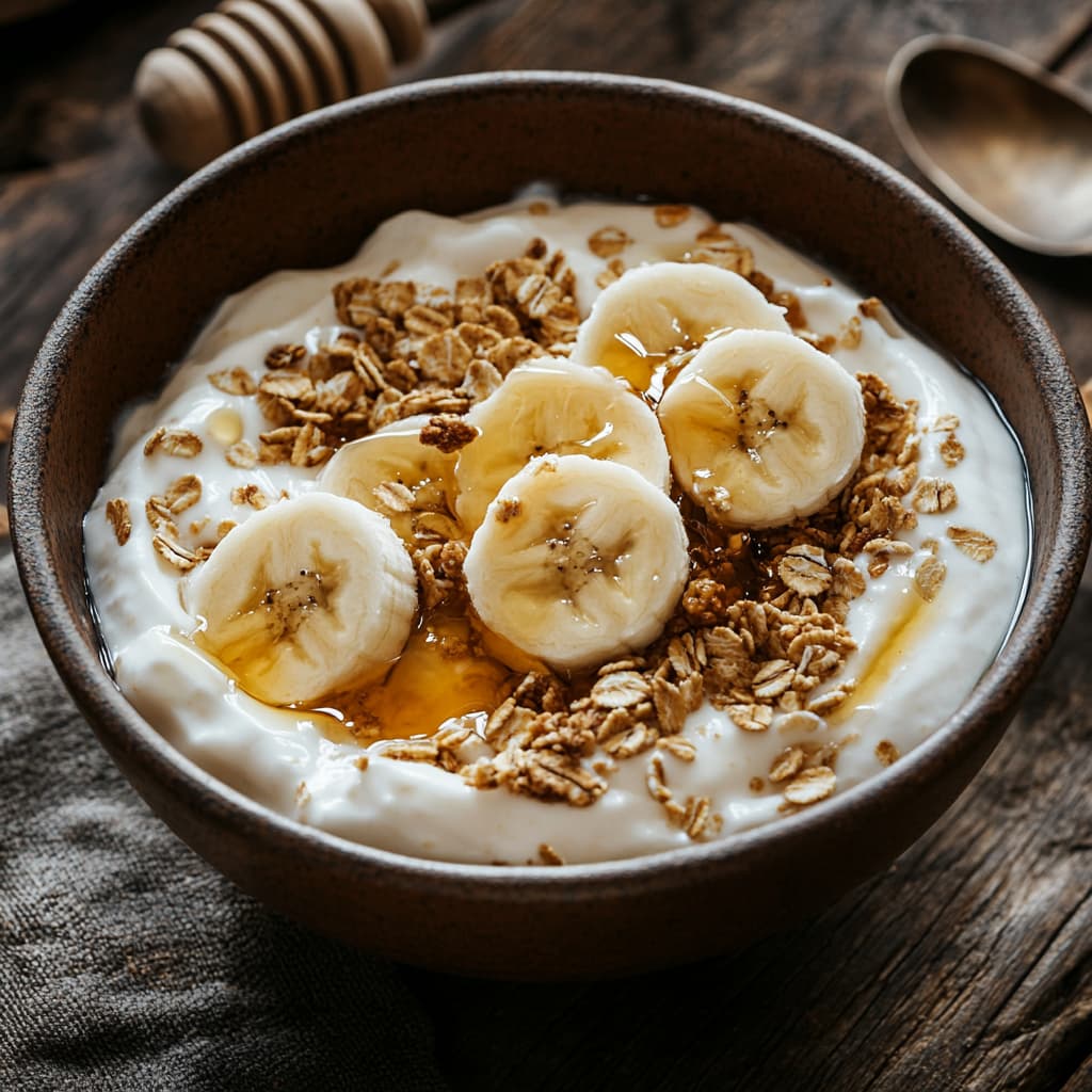 Banana and Greek yogurt smoothie in a glass.