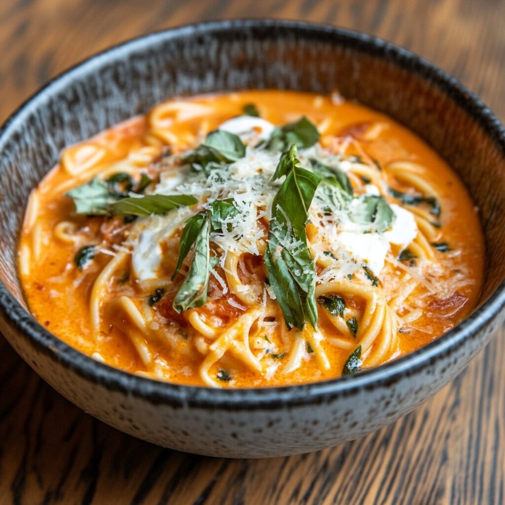 A bowl of creamy spaghetti topped with fresh basil and a tangy sour cream sauce.