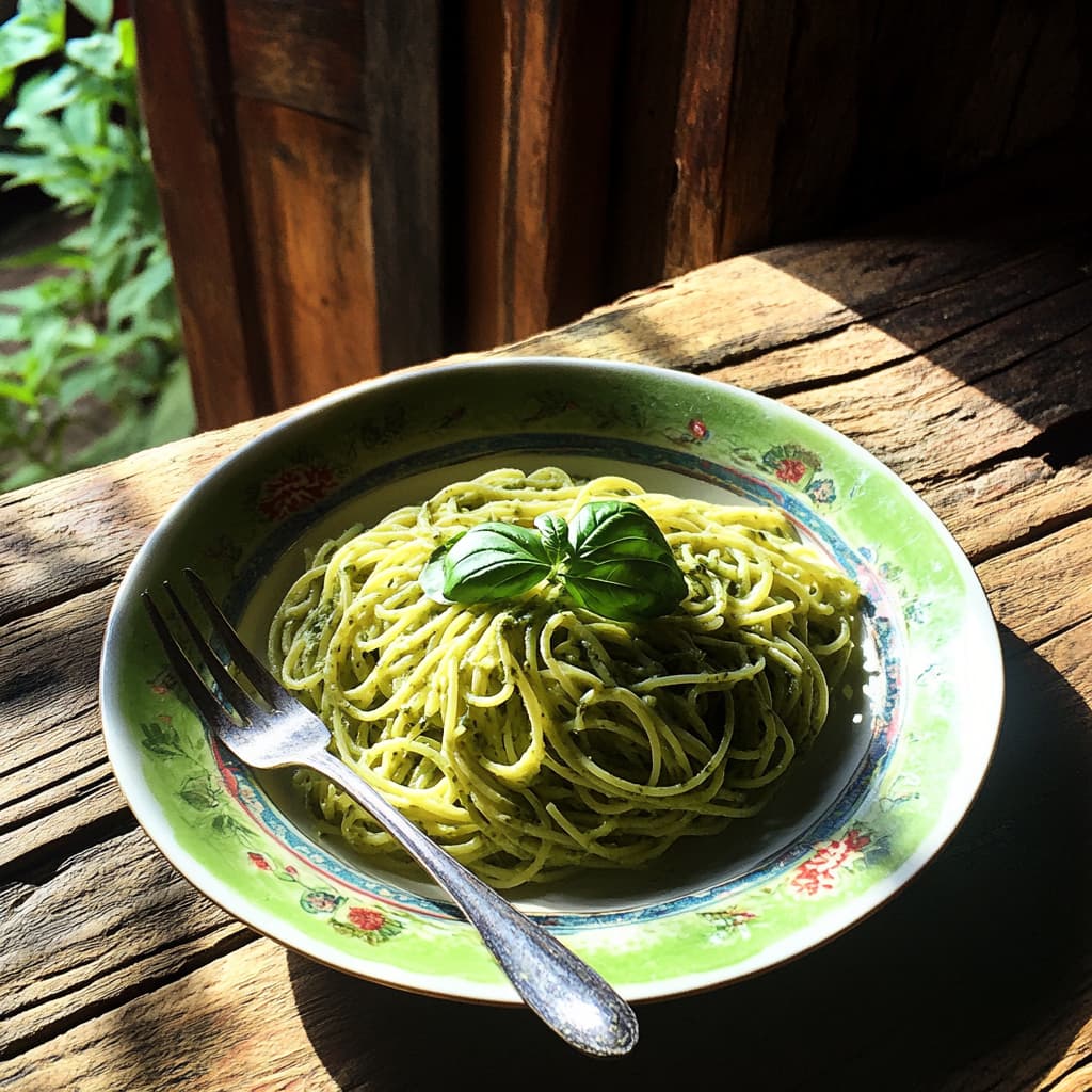 Plate of green spaghetti garnished with basil.