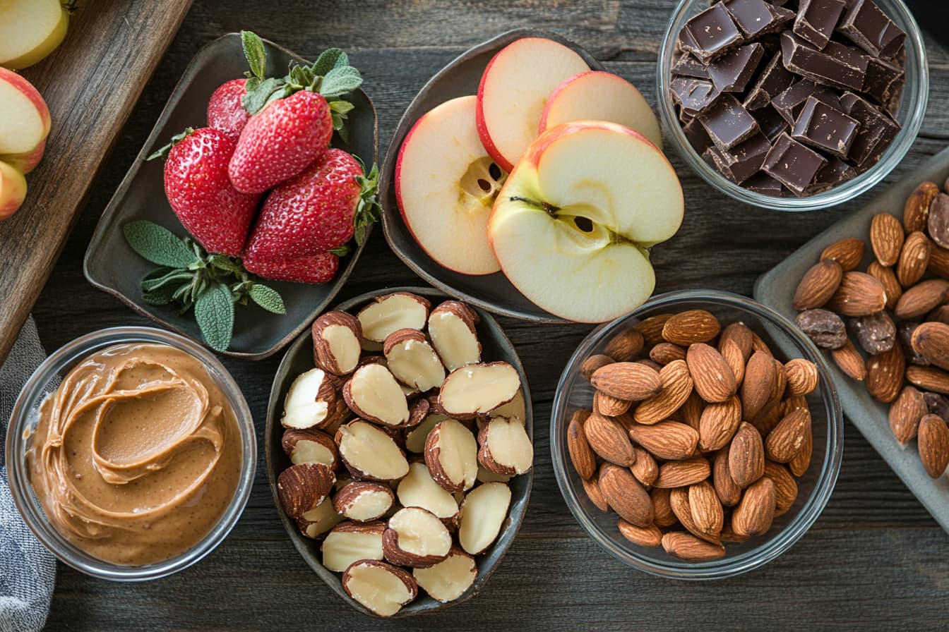 A variety of healthy sweet and salty snacks on a table.