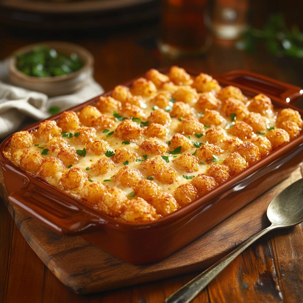 A classic tater tot casserole served in a baking dish.
