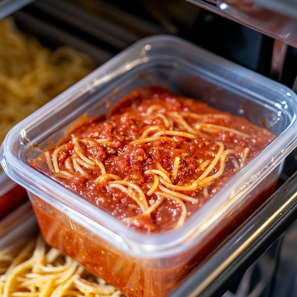 Airtight container of spaghetti sauce in the fridge.