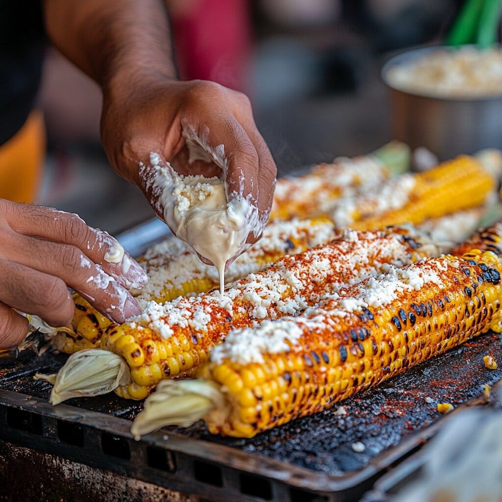 A vendor applying toppings to a freshly grilled elote on a stick.
