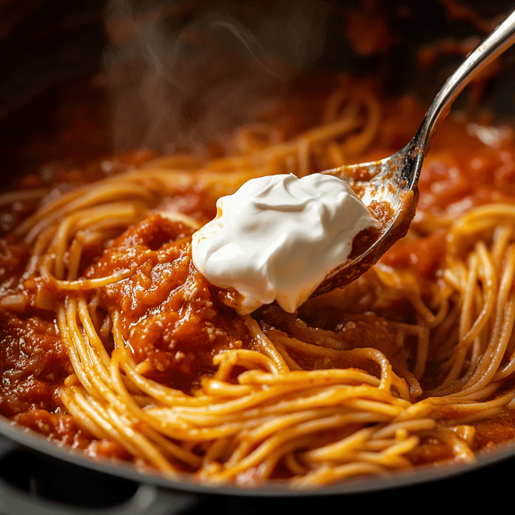 Sour cream added to a simmering pot of spaghetti sauce.