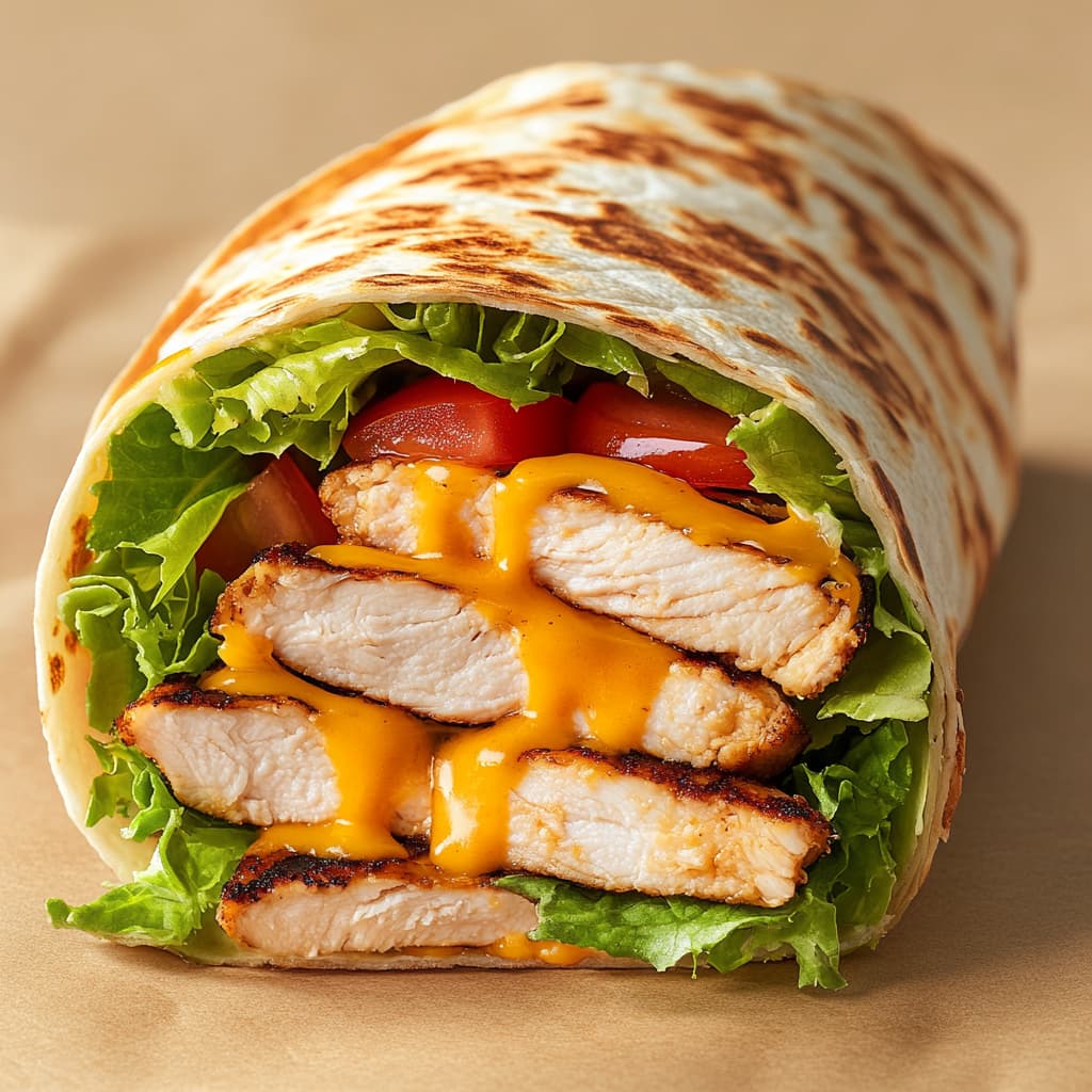 Wendy's Grilled Chicken Wrap sliced with fresh ingredients.