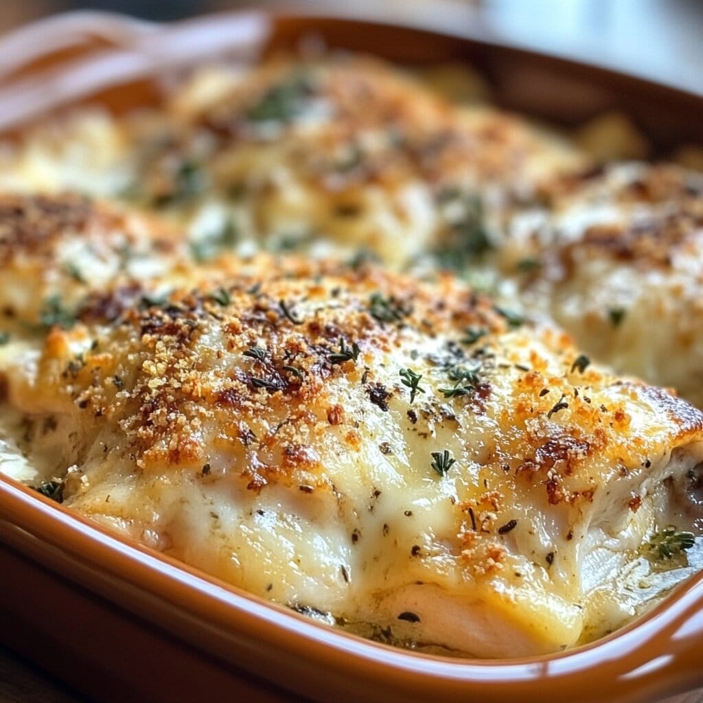 A freshly baked chicken casserole with golden-brown topping.