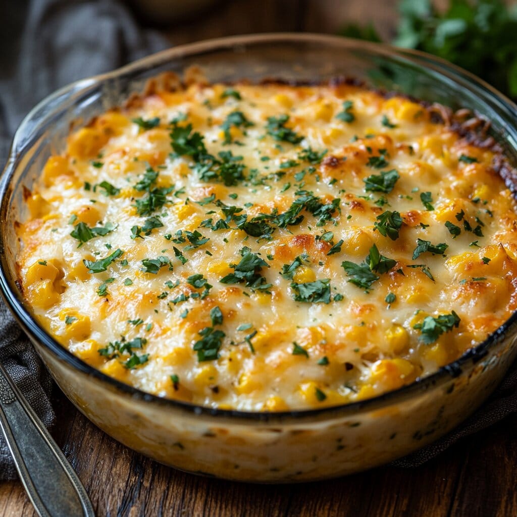 A creamy Mexican Corn Casserole in a baking dish garnished with cheese and cilantro.