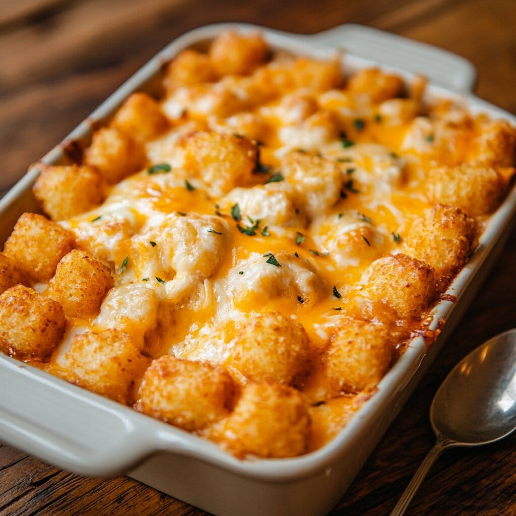 Chicken and tater tot casserole in a baking dish with golden crispy tater tots on top.