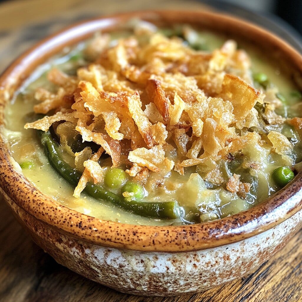A close-up of a green bean casserole with crispy onion topping
