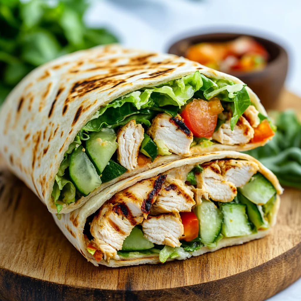 Grilled chicken wrap with fresh vegetables.