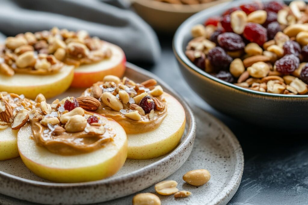 Apple slices with peanut butter and trail mix on a plate.