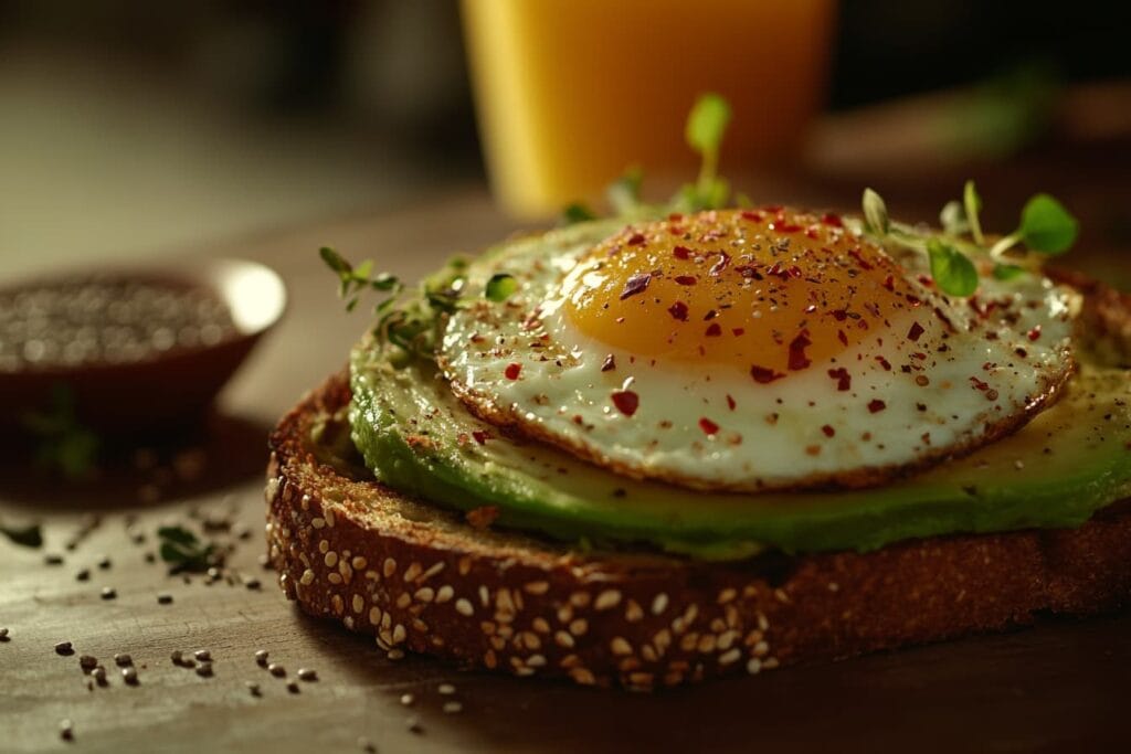 Avocado toast with egg on whole-grain bread.