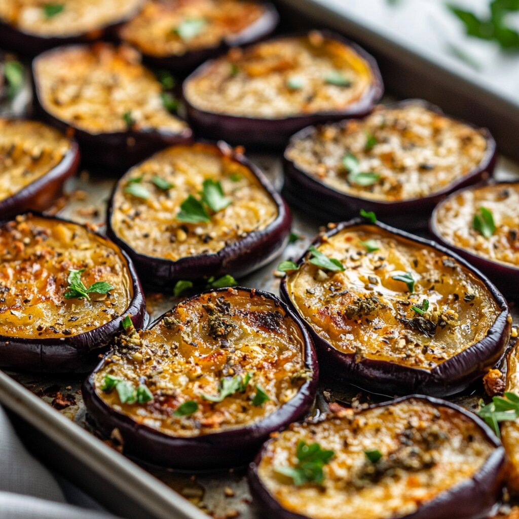 Baked eggplant slices with crispy skin on a tray.
