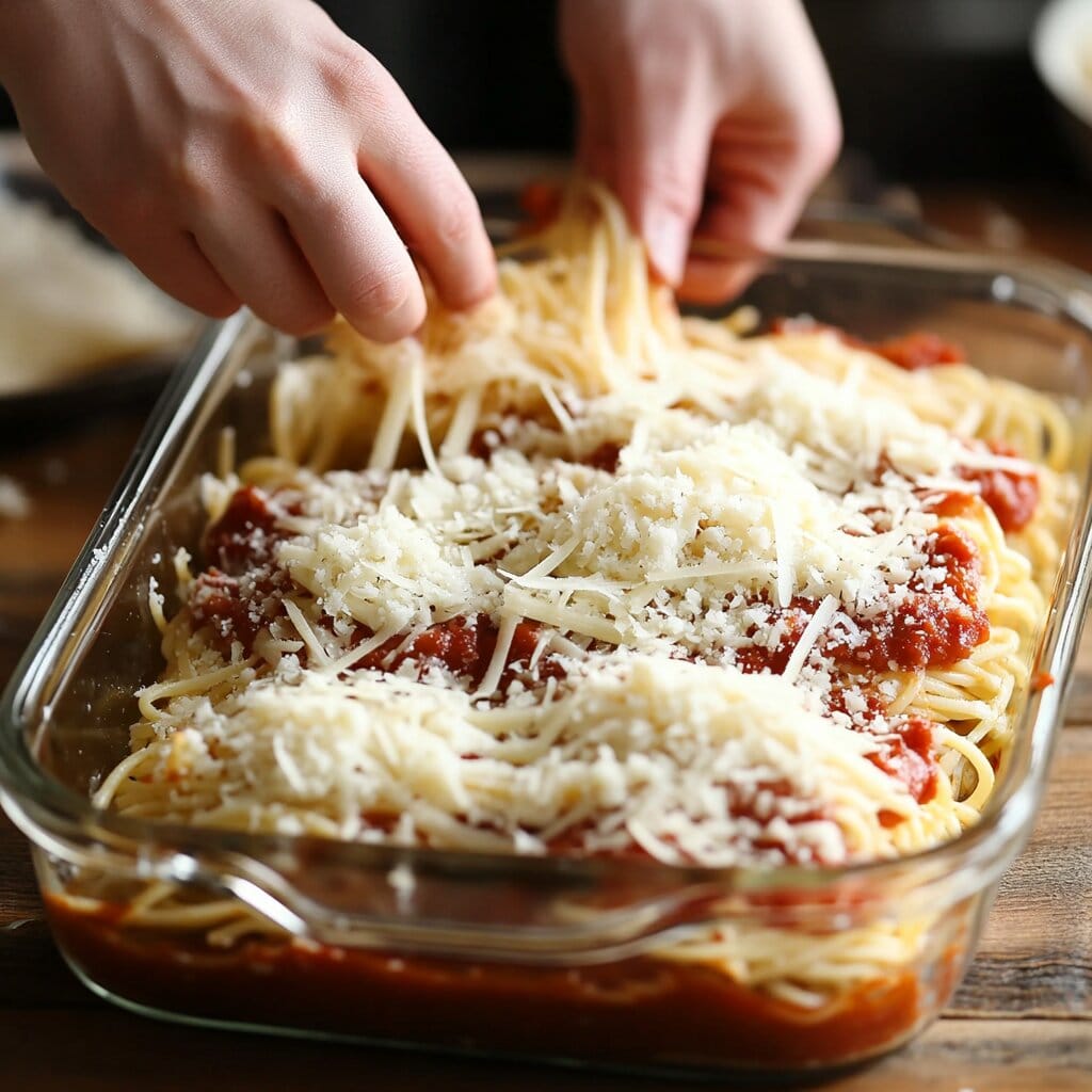 Layering pasta, sauce, and cheese for a spaghetti casserole.