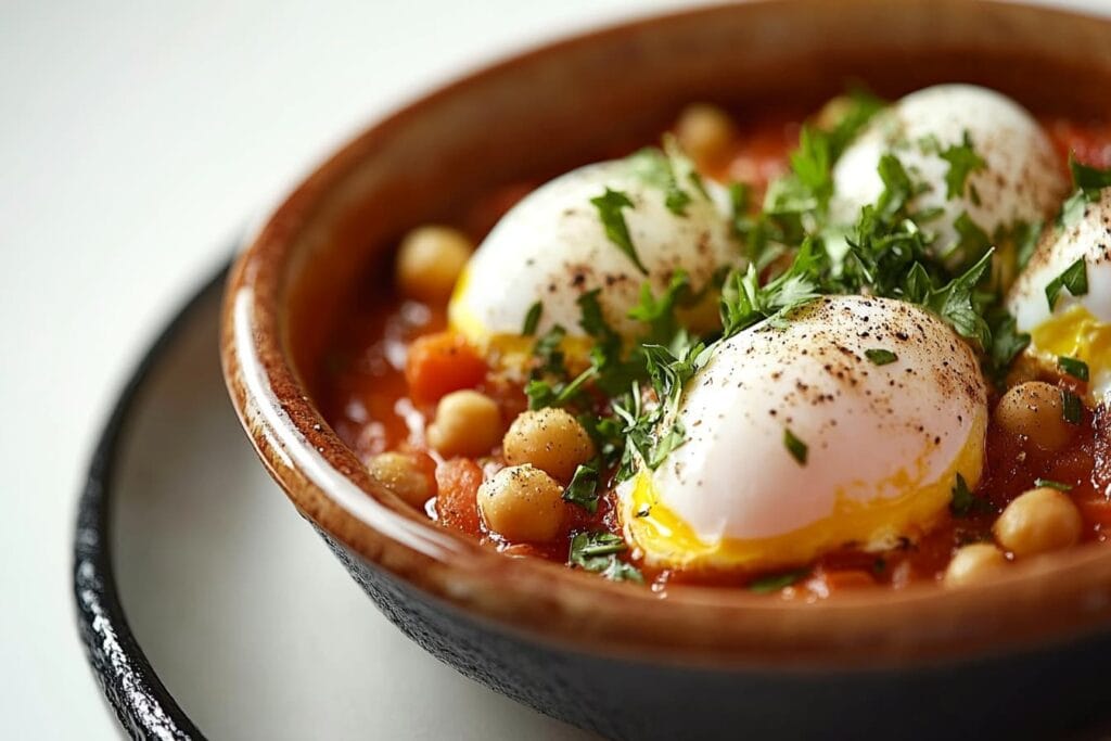 Shakshuka with poached eggs and chickpeas.