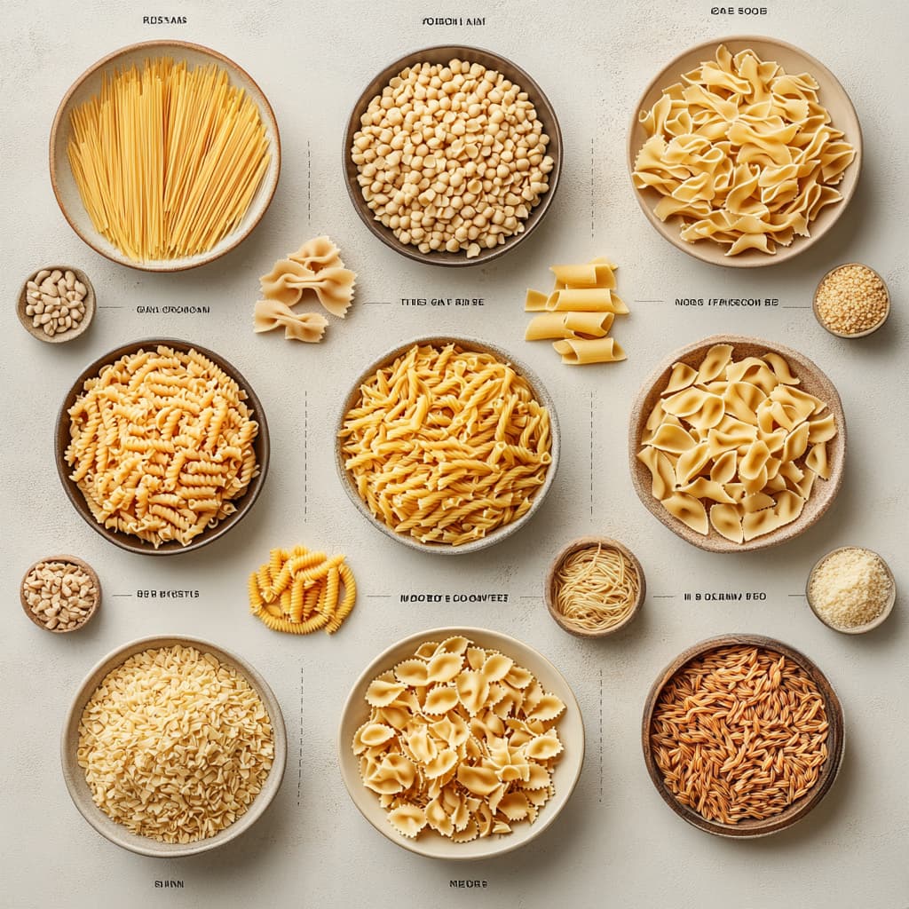 Pasta types and their calorie counts.