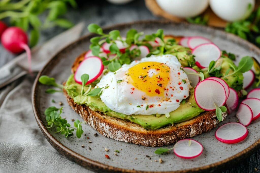 Creative avocado toast with egg, radishes, and microgreens.