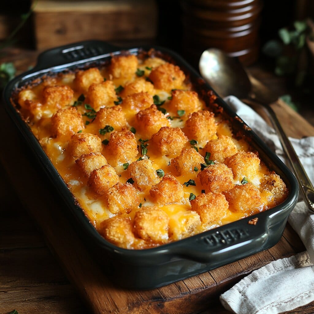 Cowboy casserole served in a dish with crispy tater tots on top