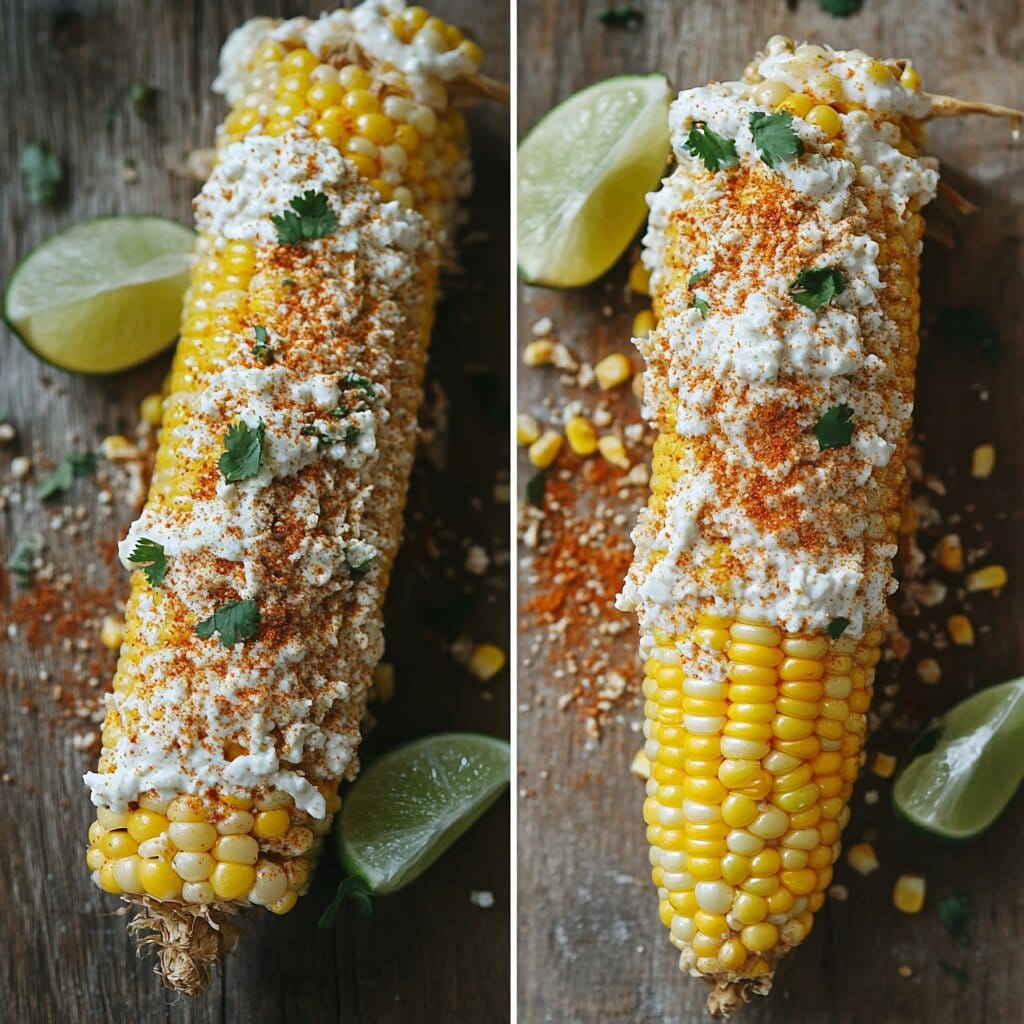 A side-by-side comparison of plain yellow corn and Mexican street corn topped with cheese, chili powder, and lime.