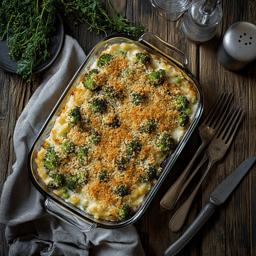 Thick and creamy broccoli casserole in a baking dish