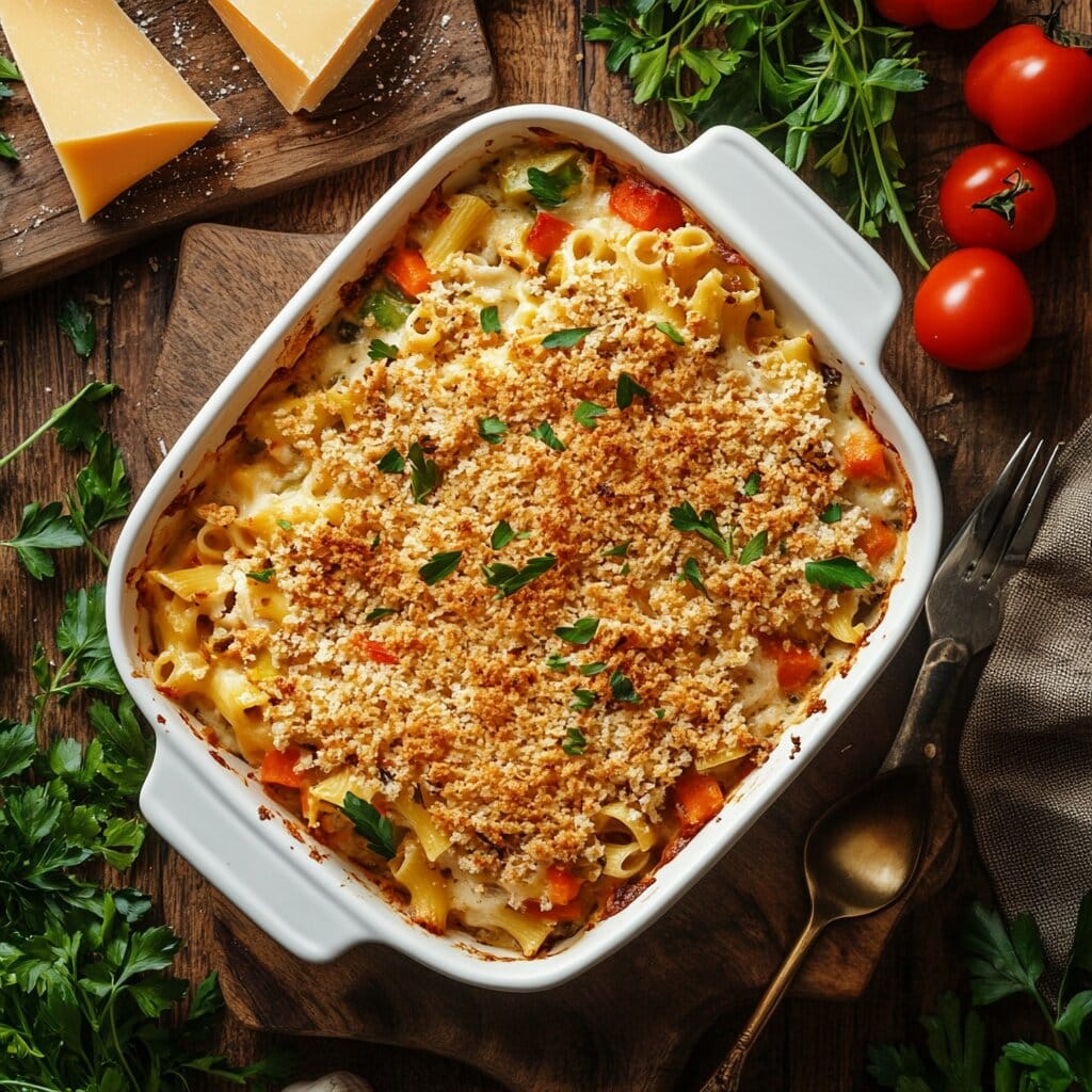A colorful casserole showing all five key components.