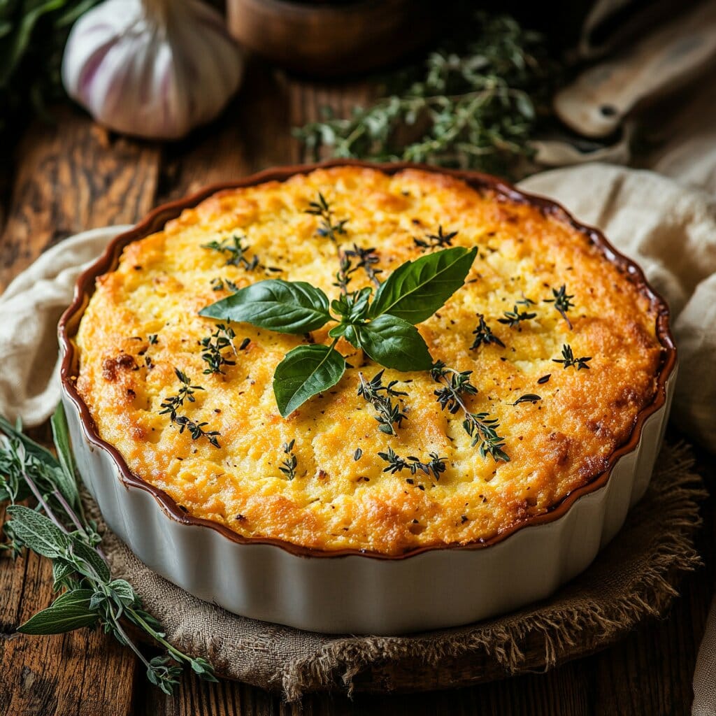 Cornbread casserole without cream corn served on a rustic table.