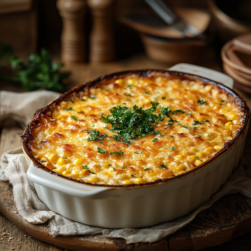 A golden-brown corn casserole served in a baking dish.