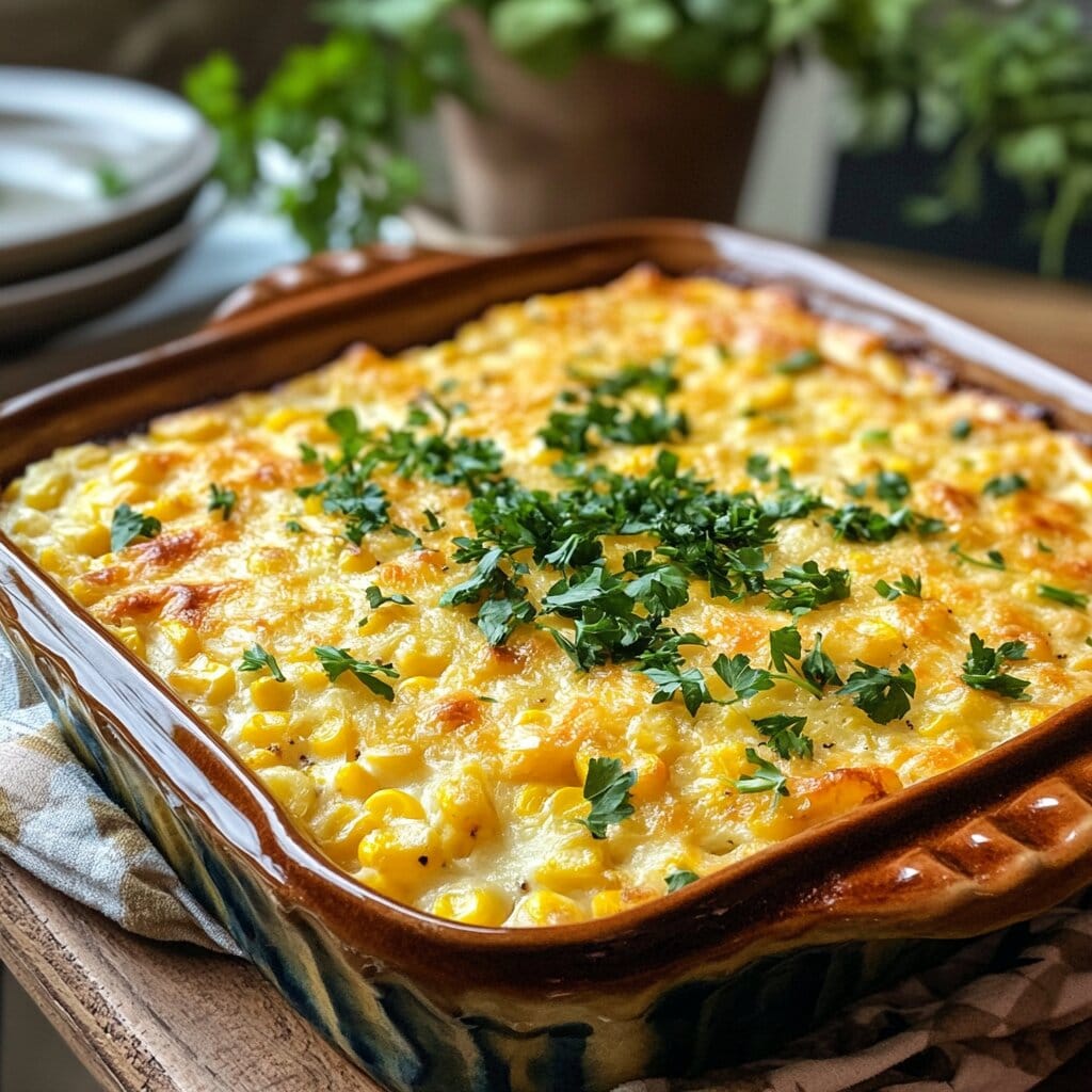Corn casserole served in a rustic baking dish with a golden crust.