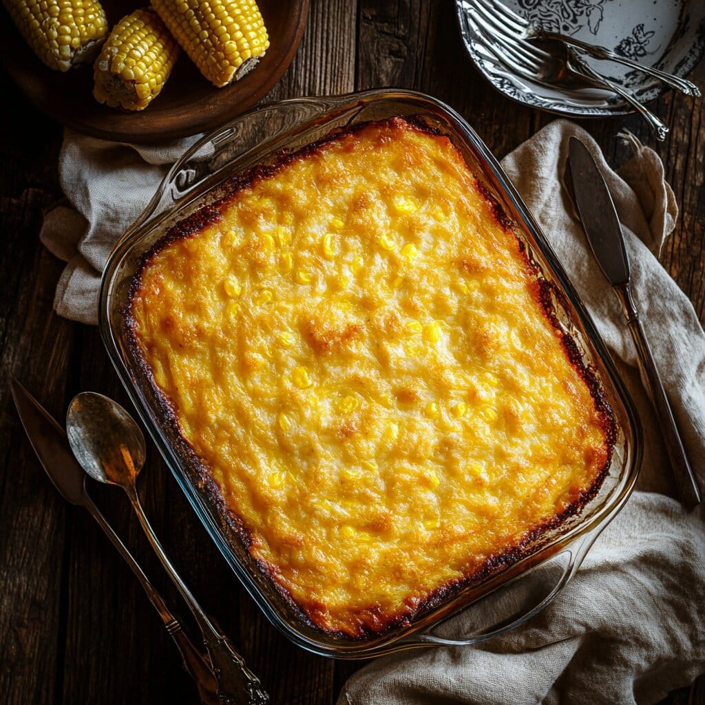 A beautifully baked golden corn casserole in a glass dish.