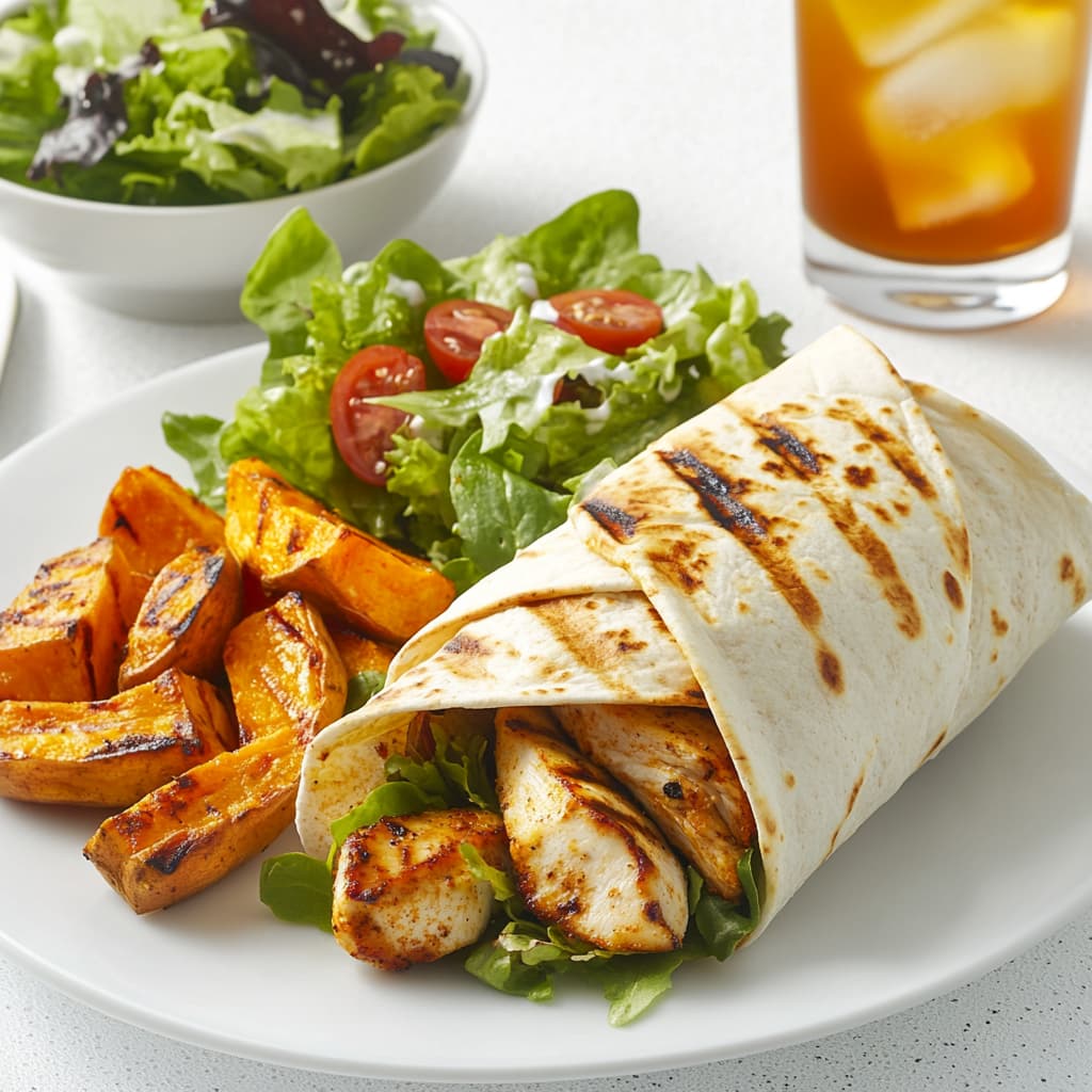 Grilled chicken wrap with salad and roasted potatoes.