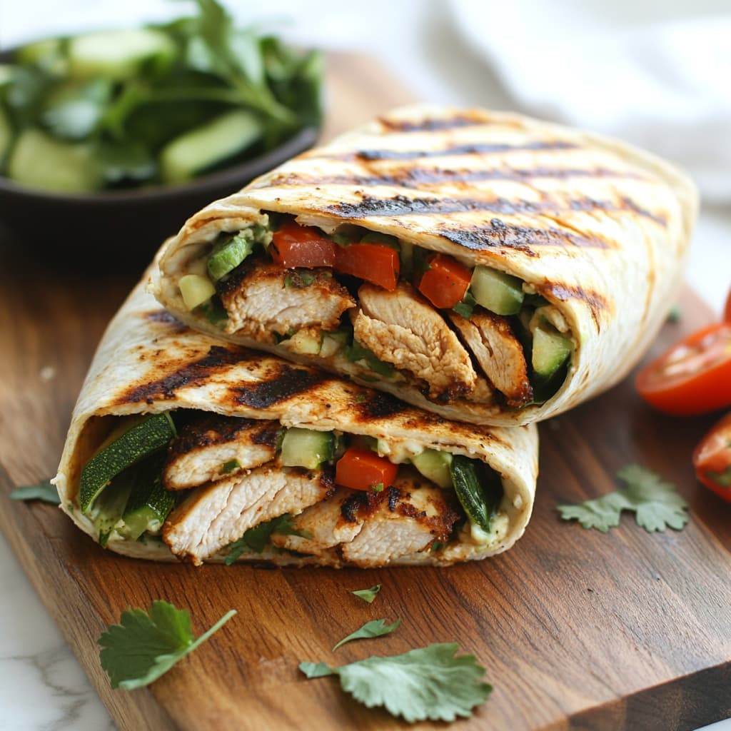 Grilled chicken wrap with fresh vegetables.
