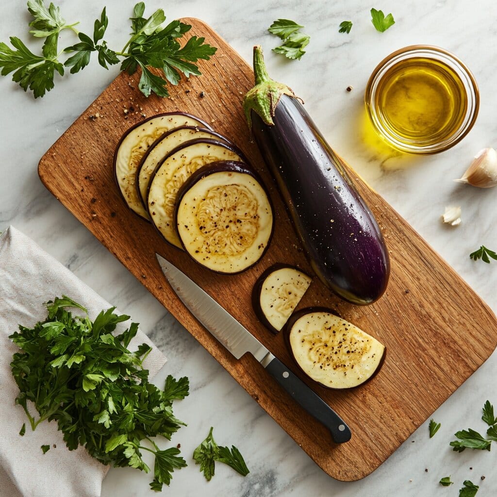 A whole eggplant alongside slices on a cutting board.