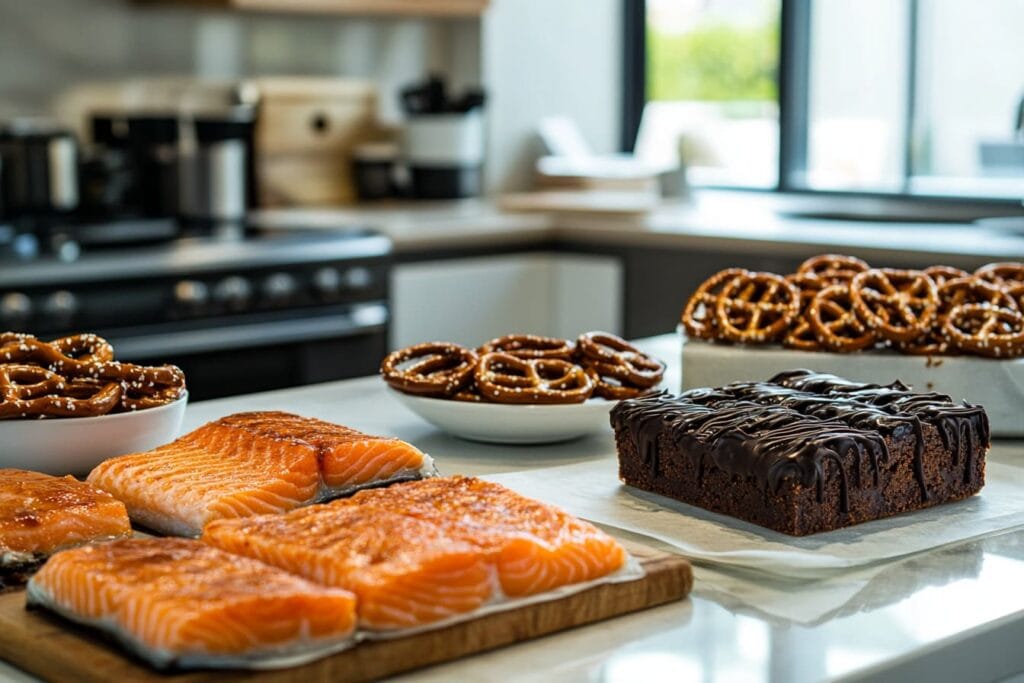 DIY salty-sweet foods on a kitchen countertop.