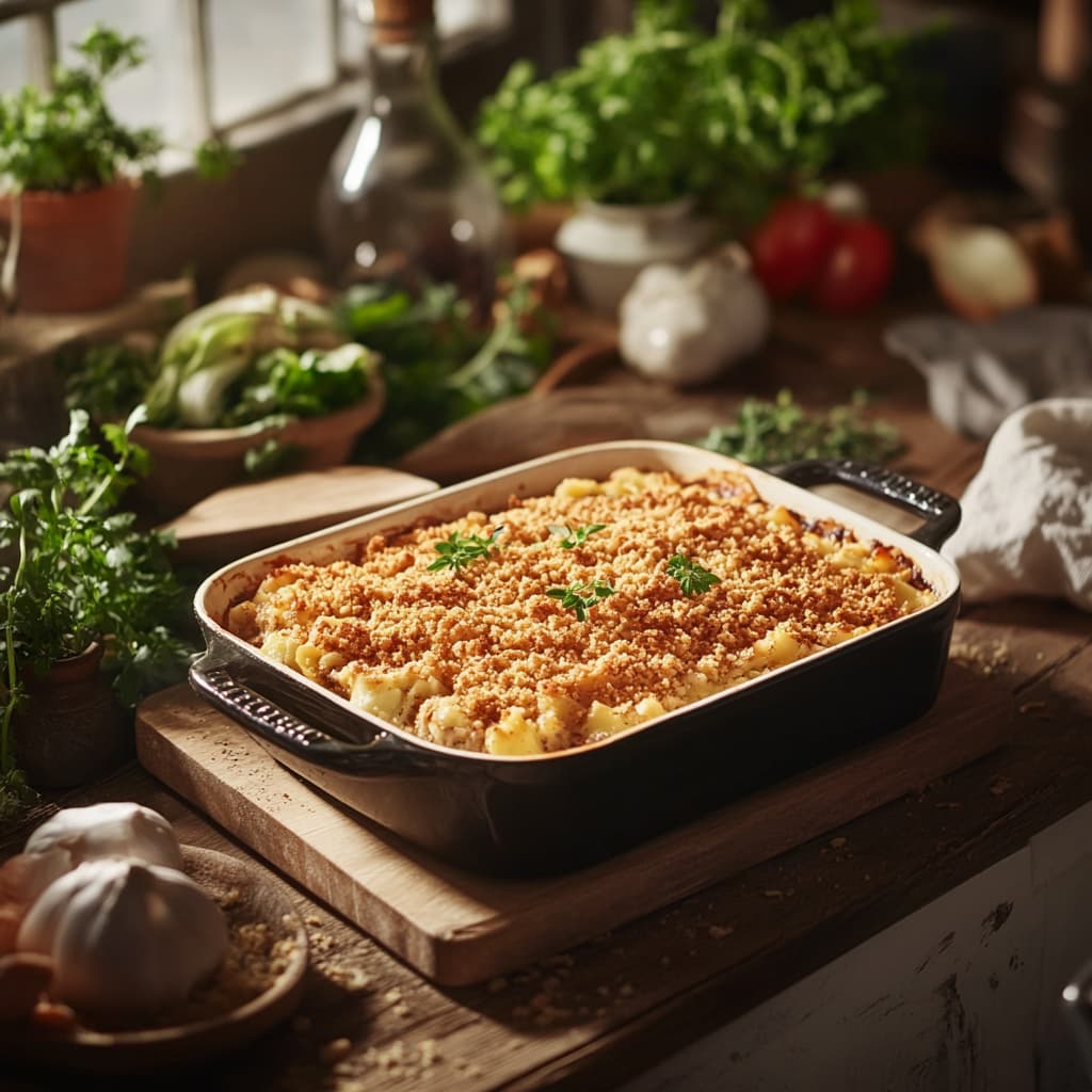 A steaming casserole dish on a table with fresh vegetables around.