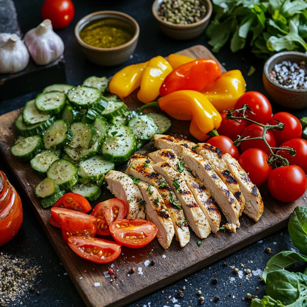 DIY grilled chicken salad with fresh vegetables.