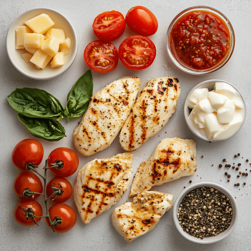A calorie breakdown chart of Grilled Chicken Margherita ingredients.