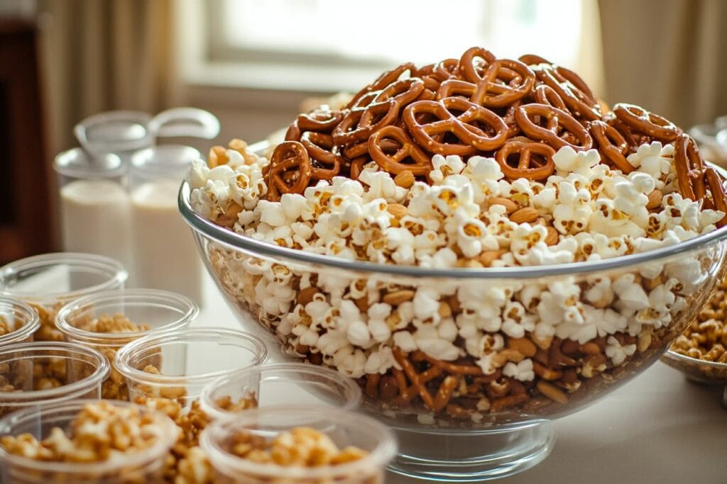 Party snack mix with pretzels, nuts, and caramel popcorn.
