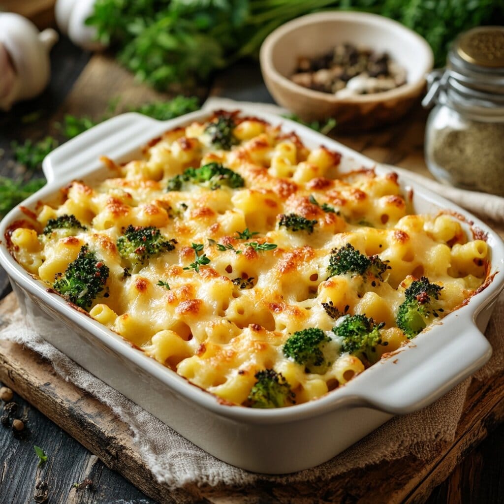 A golden-brown chicken broccoli pasta casserole fresh out of the oven.